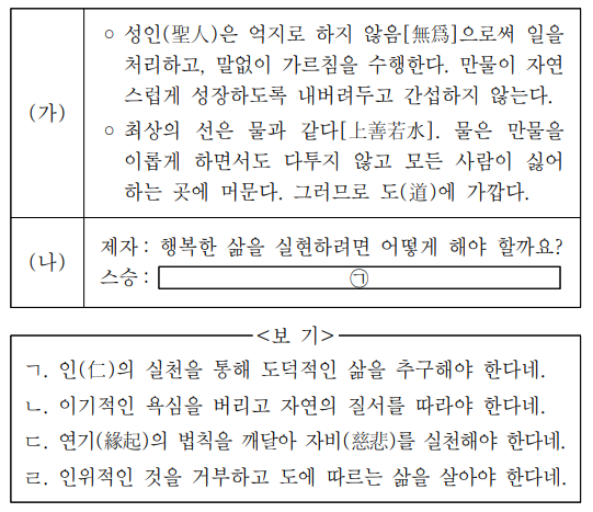 (가)를 주장한 사상가의 입장에서 볼 때, (나)의 ㉠에 들어갈
적절한 진술만을 <보기>에서 고른 것은?