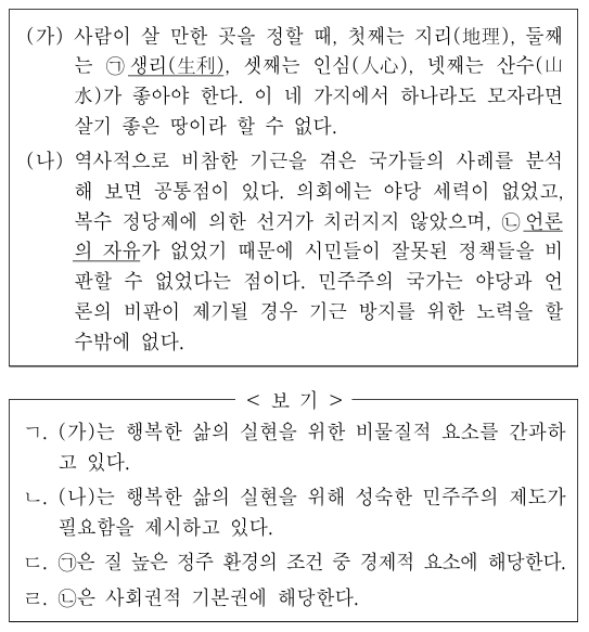 다음은 행복한 삶을 실현하기 위한 조건에 관한 글이다. 이에 대한 옳은 설명만을 <보기>에서 고른 것은?