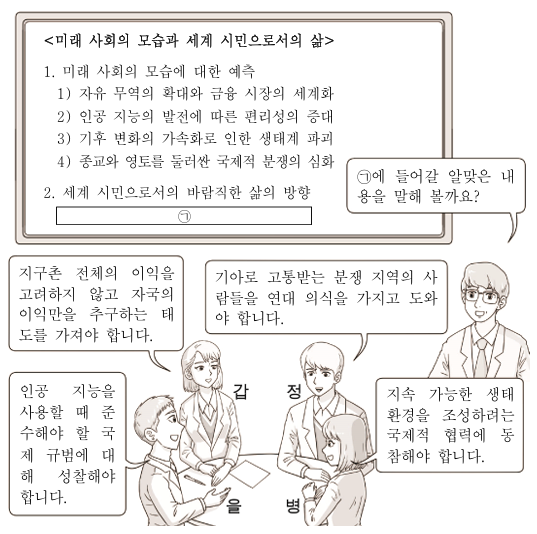 다음은 통합사회 수업 장면이다. 교사의 질문에 적절한 대답을 한 학생만을 있는 대로 고른 것은?