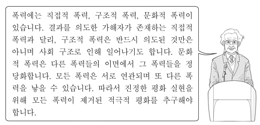 그림의 강연자가 지지할 입장으로 가장 적절한 것은? 