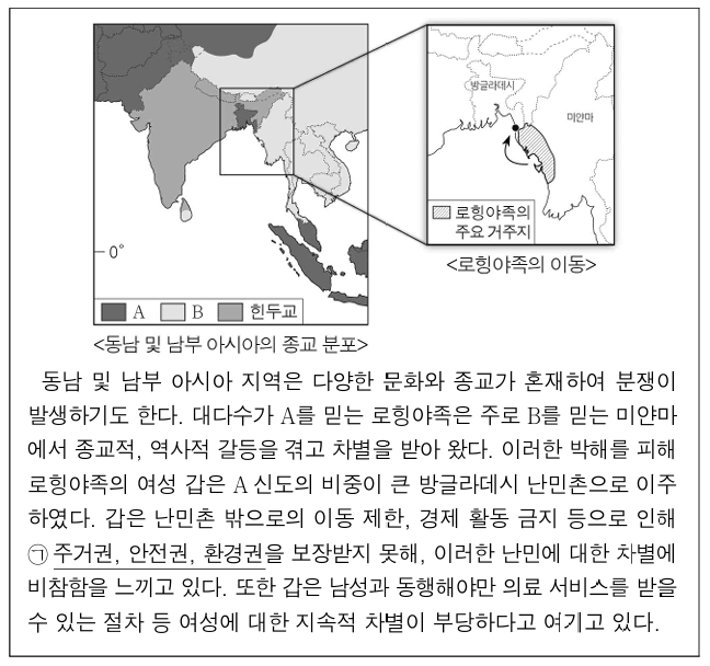 다음 자료는 사회적 소수자에 관한 사례이다. 이에 대한 설명으로 옳은 것은? (단, A, B는 각각 불교, 이슬람교 중 하나임.)