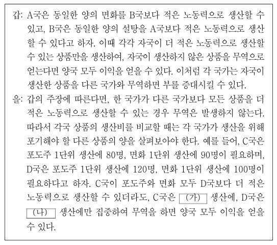다음 자료는 무역 원리에 관한 갑과 을의 입장을 나타낸 것이다. 이에 대한 설명으로 옳은 것은?