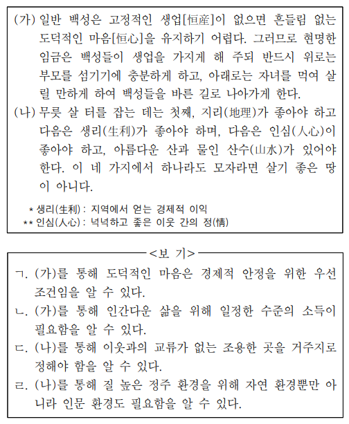  (가), (나)에 나타난 행복한 삶을 위한 조건에 대한 옳은 설명만을 <보기>에서 고른 것은?