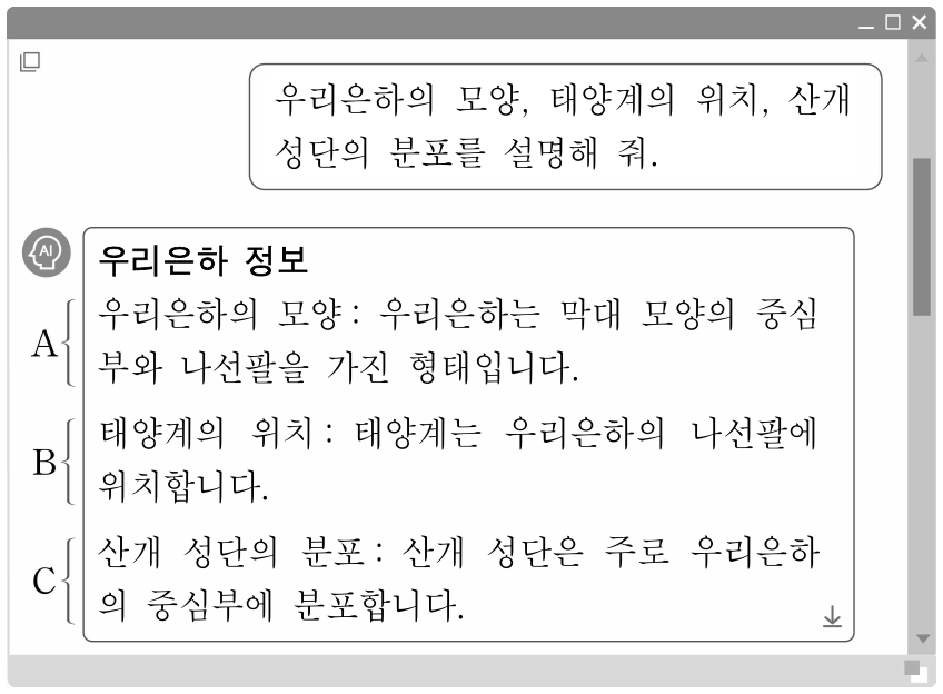 다음은 우리은하에 대한 학생의 질문에 어느 생성형 인공 지능이 답변한 내용을 A ~ C로 나타낸 것이다. A ~ C 중 옳은 것만을 있는 대로 고른 것은?