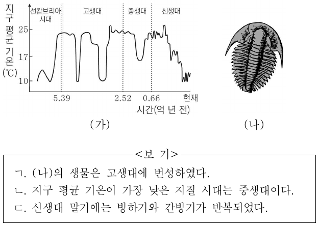그림 (가)는 지질 시대의 지구 평균 기온 변화를, (나)는 삼엽충 화석을 나타낸 것이다. 이에 대한 설명으로 옳은 것만을 <보기>에서 있는 대로 고른 것은?