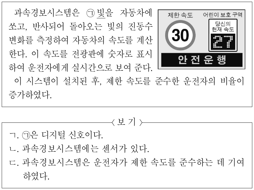 다음은 과속경보시스템에 대한 자료이다. 이에 대한 설명으로 옳은 것만을 <보기>에서 있는 대로 고른 것은?