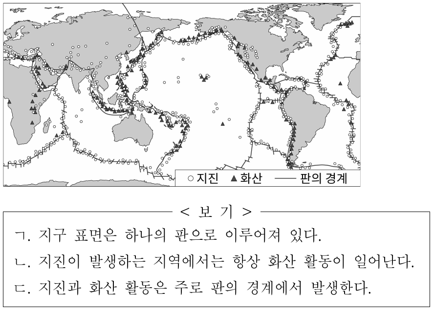 그림은 전 세계의 지진 및 화산 분포와 판의 경계를 나타낸 것이다. 이에 대한 옳은 설명만을 <보기>에서 있는 대로 고른 것은?