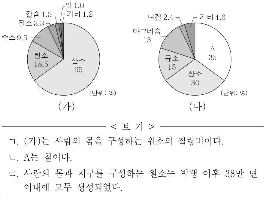 그림 (가)와 (나)는 사람의 몸을 구성하는 원소의 질량비와 지구를 구성하는 원소의 질량비를 순서 없이 나타낸 것이다. 이에 대한 옳은 설명만을 <보기>에서 있는 대로 고른 것은?