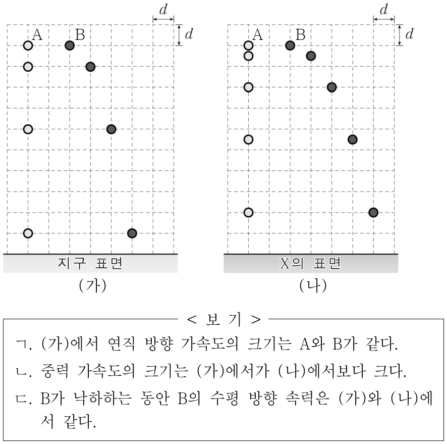 그림 (가), (나)와 같이 지구와 미지의 행성 X에서 운동하는 물체 A와 B의 위치를 1초 간격으로 나타내었다. A는 가만히 놓았고, B는 수평 방향으로 던졌다. 이에 대한 옳은 설명만을 <보기>에서 있는 대로 고른 것은? (단, 물체의 크기와 공기 저항은 무시한다.)
