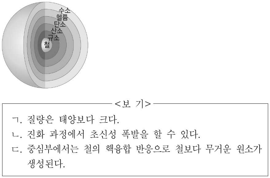그림은 어느 별의 내부 구조와 각 영역에서 가장 큰 질량비를 차지하는 원소를 나타낸 것이다. 이 별에 대한 설명으로 옳은 것만을 <보기>에서 있는 대로 고른 것은?