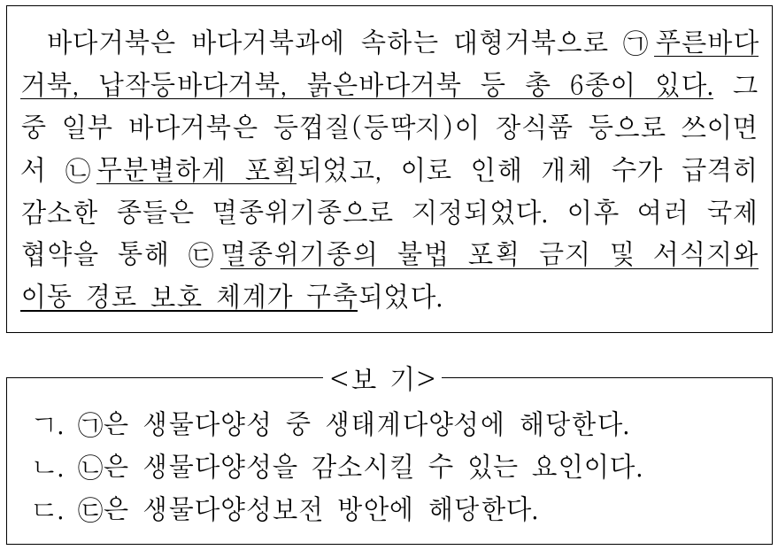 다음은 바다거북에 대한 자료이다. 이에 대한 설명으로 옳은 것만을 <보기>에서 있는 대로 고른 것은?