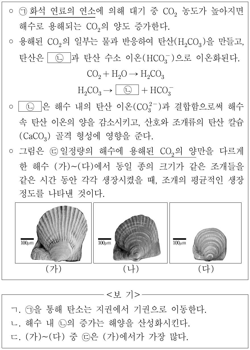 다음은 대기 중 이산화 탄소(CO₂) 농도 증가가 해양 생물에 미치는 영향에 대한 탐구 자료이다. 이에 대한 설명으로 옳은 것만을 <보기>에서 있는 대로 고른 것은? (단, 제시된 조건 이외는 고려하지 않는다.)