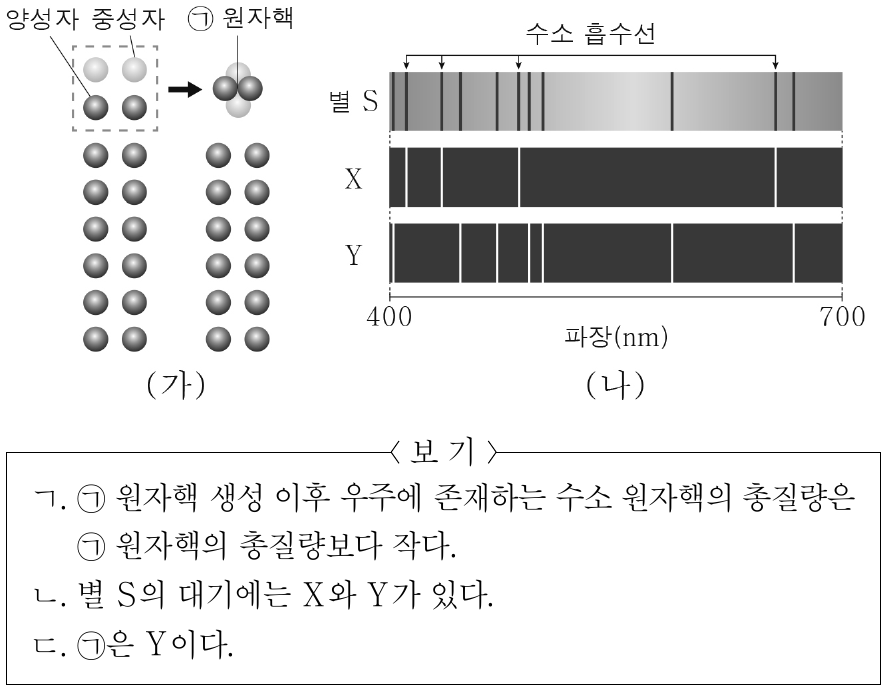 그림 (가)는 빅뱅 이후 초기 우주에서 양성자와 중성자가 결합하여 ㉠ 원자핵이 생성되는 과정을, (나)는 별 S와 원소 X, Y의 스펙트럼을 나타낸 것이다. ㉠은 X와 Y 중 하나이다. 이에 대한 설명으로 옳은 것만을 <보기>에서 있는 대로 고른 것은? (단, X와 Y는 임의의 원소 기호이다.)