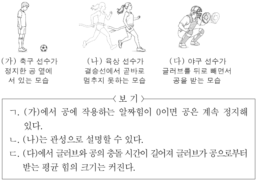 그림 (가), (나), (다)는 운동 경기에서 관찰된 선수들의 모습을 나타낸 것이다. 이에 대한 설명으로 옳은 것만을 <보기>에서 있는 대로 고른 것은?