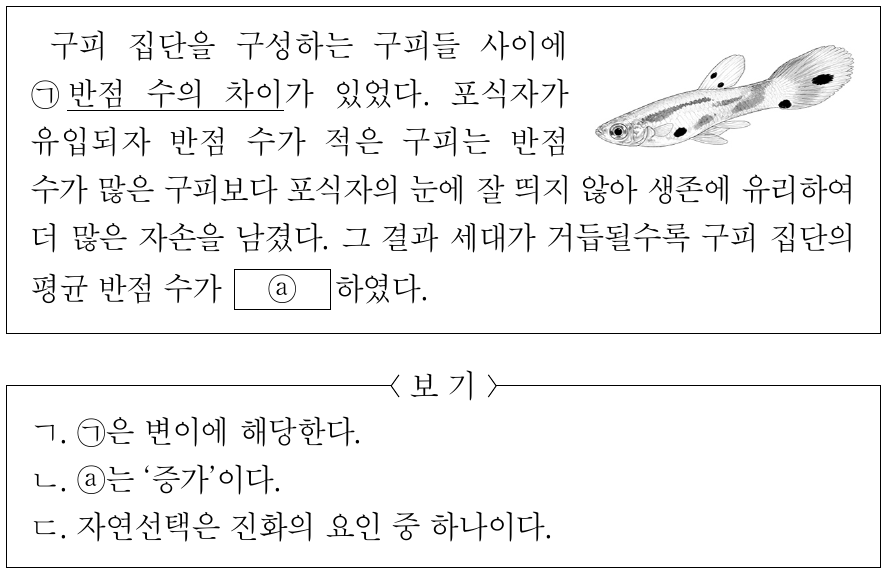 다음은 같은 종으로 구성된 어떤 구피 집단의 자연선택에 대한 설명이다. ⓐ는 ‘감소’와 ‘증가’ 중 하나이다. 이에 대한 설명으로 옳은 것만을 <보기>에서 있는 대로 고른 것은? (단, 제시된 조건 이외는 고려하지 않는다.)