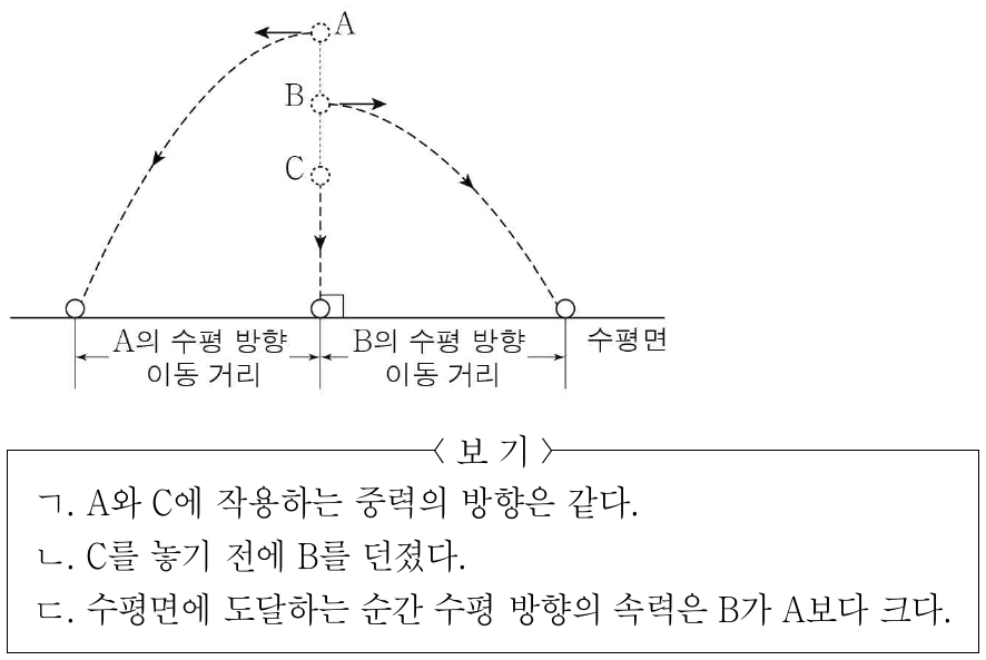 그림과 같이 서로 다른 높이에 있던 물체 A, B, C가 각각 경로를 따라 운동하여 수평면에 동시에 도달한다. A와 B는 수평 방향으로 던졌고 C는 가만히 놓았다. A의 수평 방향 이동 거리와 B의 수평 방향 이동 거리는 같다. 이에 대한 설명으로 옳은 것만을 <보기>에서 있는 대로 고른 것은? (단, 물체의 크기와 공기 저항은 무시한다.)