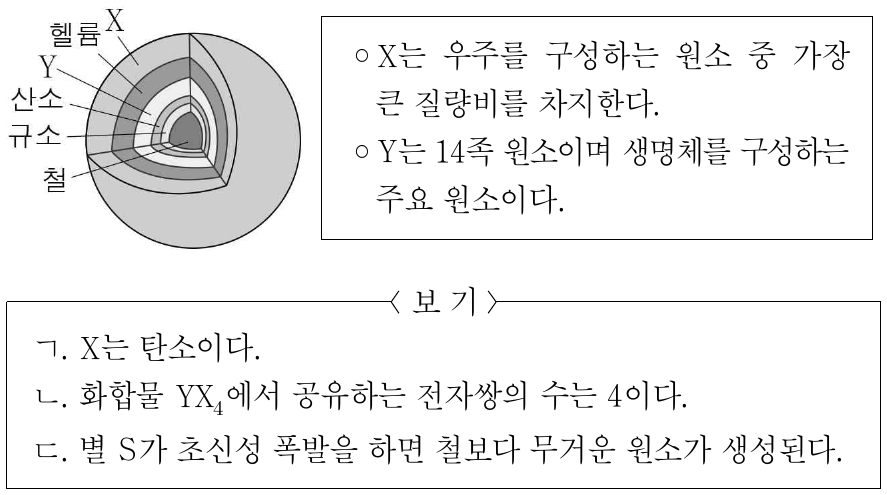 그림은 중심부에서 핵융합 반응이 끝난 직후 별 S의 내부 구조를 나타낸 것이며, 표는 원소 X와 Y에 대한 자료이다. 이에 대한 설명으로 옳은 것만을 <보기>에서 있는 대로 고른 것은? (단, X와 Y는 임의의 원소 기호이다.)
