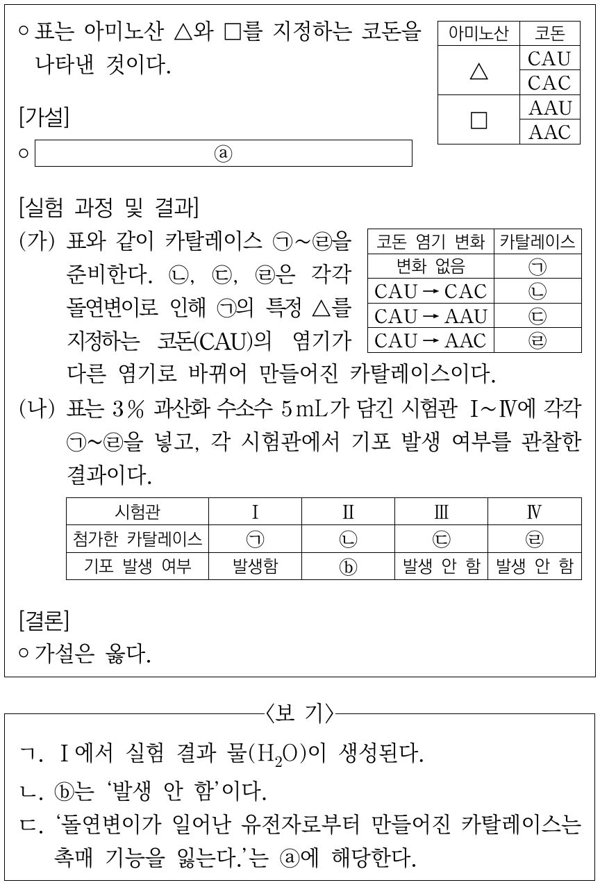 다음은 카탈레이스에 의한 과산화 수소 분해 반응을 활용한 실험이다. 이에 대한 설명으로 옳은 것만을 <보기>에서 있는 대로 고른 것은?