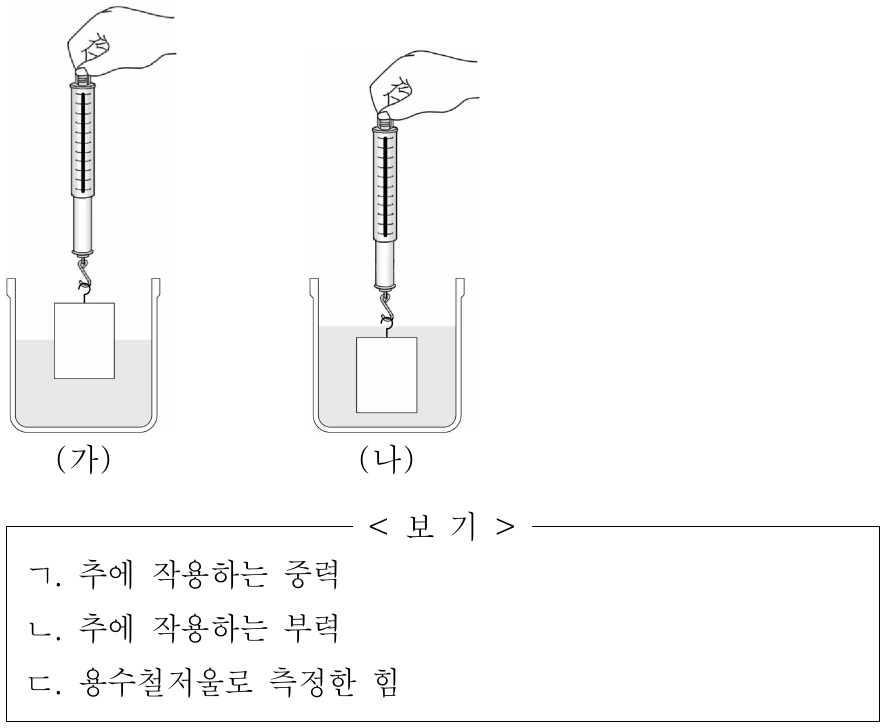 그림 (가)는 용수철저울에 매달린 추가 물에 절반 정도 잠긴 채 정지해 있는 모습을, (나)는 (가)의 추가 물에 완전히 잠긴 채 정지해 있는 모습을 나타낸 것이다. (나)에서가 (가)에서보다 크기가 큰 힘만을 <보기>에서 있는 대로 고른 것은?