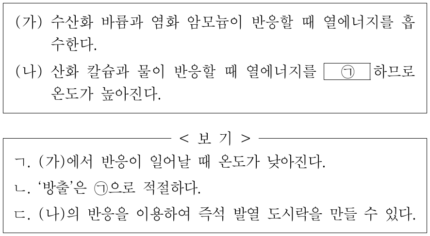 다음은 2가지 화학 반응이 일어날 때의 열에너지 출입에 대한 설명이다. 이에 대한 옳은 설명만을 <보기>에서 있는 대로 고른 것은?