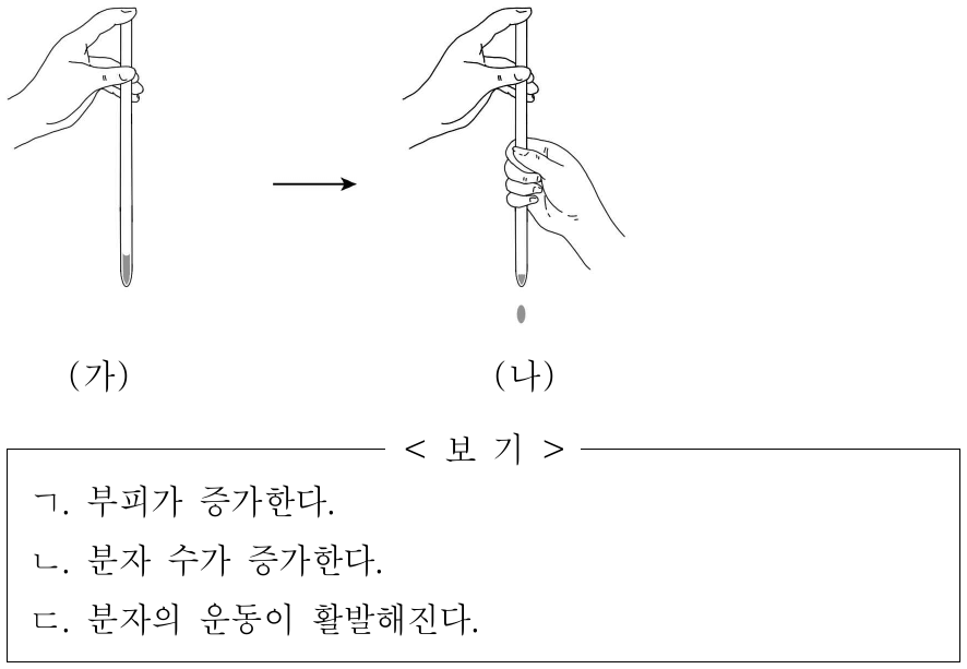 그림 (가)는 물이 들어 있는 가는 유리관의 한쪽 끝을 손으로 막은 것을, (나)는 유리관을 손으로 감쌌을 때 물이 빠져나가는 것을 나타낸 것이다. (가)에서 (나)로 될 때, 유리관 속 기체에 대한 옳은 설명만을 <보기>에서 있는 대로 고른 것은? (단, 물의 증발은 무시한다.)