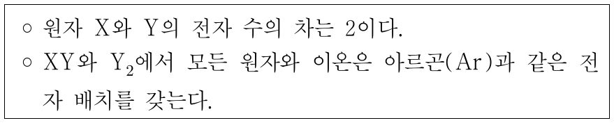 다음은 서로 다른 주기의 원소 X, Y와 물질 XY, Y₂에 대한 자료이다. 이에 대한 설명으로 옳은 것은? (단, X, Y는 임의의 원소 기호이며, Ar의 원자 번호는 18이다.)