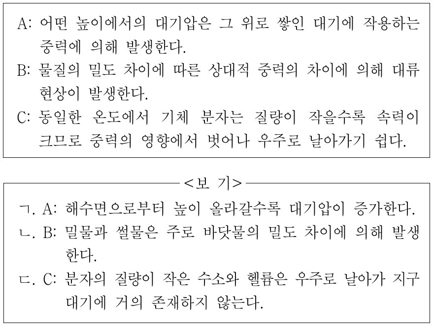 다음 A, B, C는 중력에 의해 지구에서 발생하는 다양한 자연 현상의 원리이다. 각 원리를 적용하여 옳게 설명한 자연 현상만을 <보기>에서 있는 대로 고른 것은?