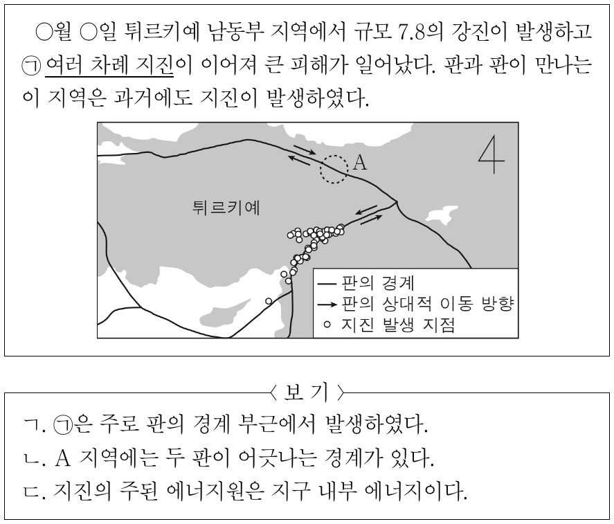 다음은 튀르키예 부근에서 발생한 지진에 대한 신문 기사의 일부이다. 이에 대한 설명으로 옳은 것만을 <보기>에서 있는 대로 고른 것은?