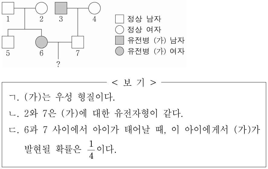 그림은 어떤 집안의 유전병 (가)에 대한 가계도를 나타낸 것이다. (가)는 우성 대립유전자 A와 열성 대립유전자 a에 의해 결정된다. 이에 대한 옳은 설명만을 <보기>에서 있는 대로 고른 것은? (단, 돌연변이는 고려하지 않는다.)