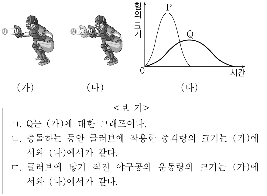 그림 (가)는 포수가 글러브를 움직이지 않고 야구공을 받는 모습을, (나)는 포수가 글러브를 뒤로 빼면서 야구공을 받는 모습을 나타낸 것이다. 그림 (다)의 그래프 P와 Q는 (가)와 (나)에서 야구공이 글러브에 닿는 순간부터 정지할 때까지 글러브가 야구공으로부터 받는 힘의 크기를 시간에 따라 나타낸 것으로, 각각 (가)와 (나) 중 하나에 해당한다. (다)에서 그래프와 시간 축이 만드는 면적은 P와 Q가 같다. 이에 대한 설명으로 옳은 것만을 <보기>에서 있는 대로 고른 것은?