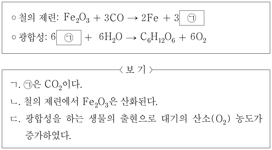 다음은 지구와 생명의 역사에 변화를 가져온 화학 반응을 나타낸 것이다. 이에 대한 설명으로 옳은 것만을 <보기>에서 있는 대로 고른 것은?