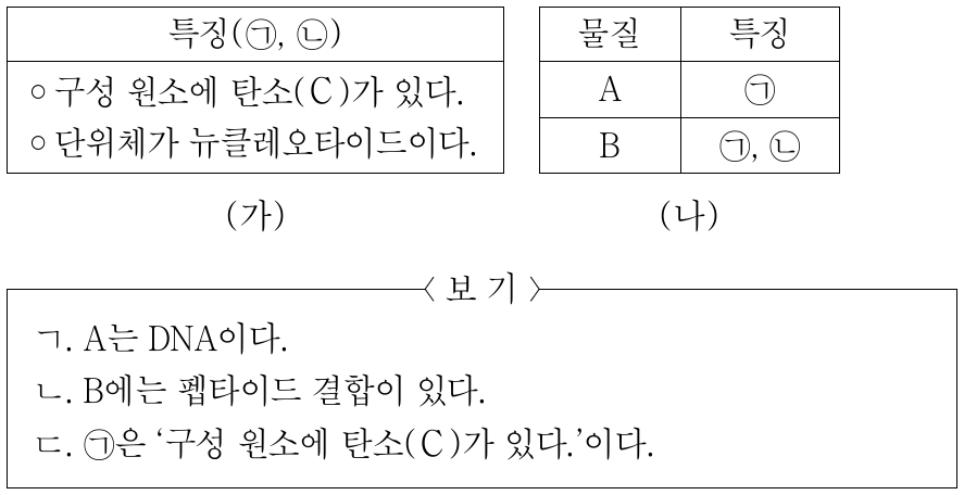 표 (가)는 생명체를 구성하는 물질의 특징 ㉠과 ㉡을 순서 없이 나타낸 것이고, (나)는 (가)의 특징 중 물질 A와 B가 갖는 특징을 나타낸 것이다. A와 B는 각각 DNA와 단백질 중 하나이다. 이에 대한 설명으로 옳은 것만을 <보기>에서 있는 대로 고른 것은?