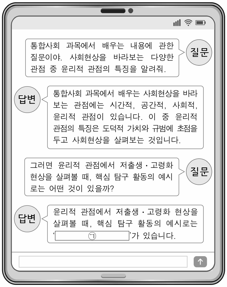 다음은 학생의 질문과 이에 대한 생성형 인공 지능의 답변이다. ㉠에 들어갈 내용으로 가장 적절한 것은? (단, 생성형 인공 지능의 답변은 모두 옳은 내용임.)