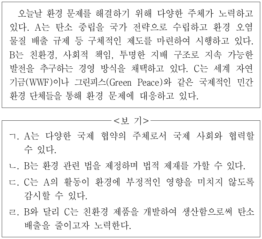 A ~ C에 대한 옳은 설명만을 <보기>에서 고른 것은? (단, A ~ C는 각각 정부, 시민사회, 기업 중 하나임.)