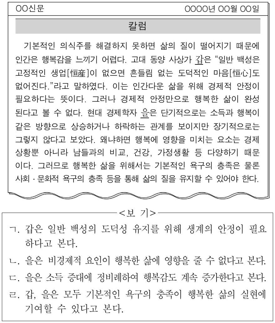 다음 신문 칼럼의 밑줄 친 갑, 을의 입장에 대한 적절한 설명만을 <보기>에서 있는 대로 고른 것은?
