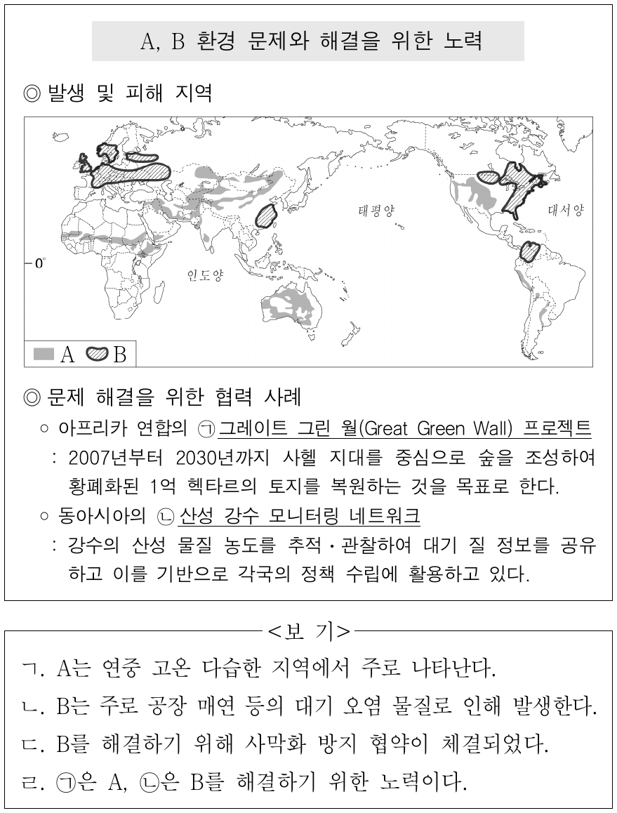 다음 자료에 대한 옳은 설명만을 <보기>에서 고른 것은? (단, A, B는 각각 사막화, 산성비 중 하나임.)
