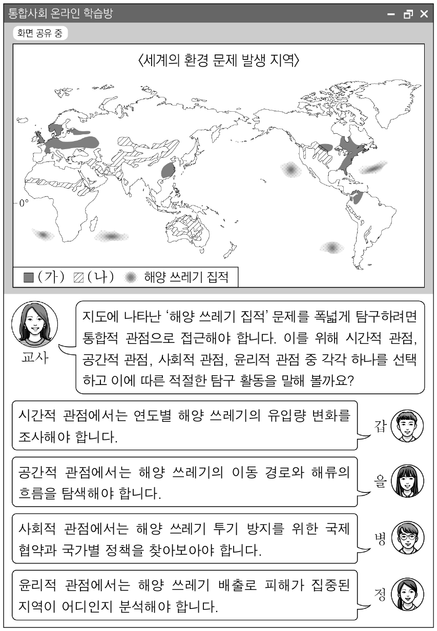 [1∼2] 다음은 세계의 환경 문제에 대한 온라인 학습 장면이다. 물음에 답하시오. (단, (가), (나)는 각각 사막화, 산성비 중 하나임.)
위의 갑∼정 중 관점에 따른 탐구 활동을 옳게 제시한 학생만을 있는 대로 고른 것은?