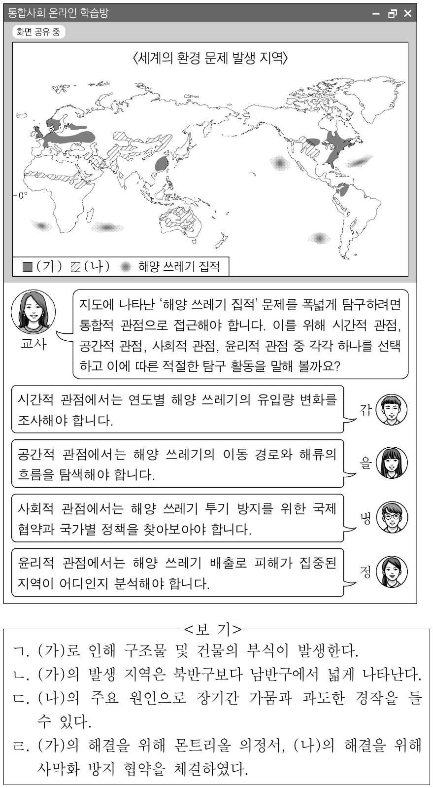 [1∼2] 다음은 세계의 환경 문제에 대한 온라인 학습 장면이다. 물음에 답하시오. (단, (가), (나)는 각각 사막화, 산성비 중 하나임.)
위의 (가), (나) 환경 문제에 대한 옳은 설명만을 <보기>에서 고른 것은?