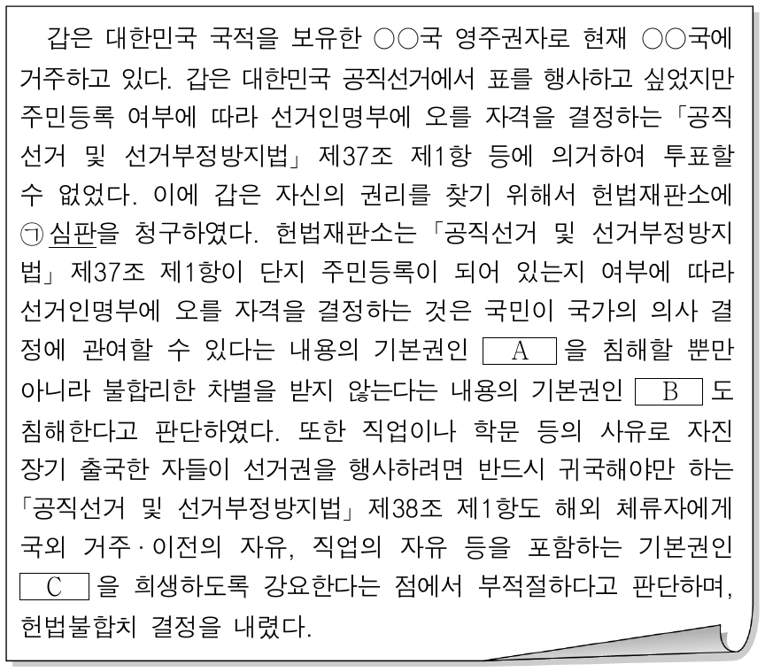 다음 자료에 대한 설명으로 옳은 것은? (단, A∼C는 각각 자유권, 참정권, 평등권 중 하나임.)