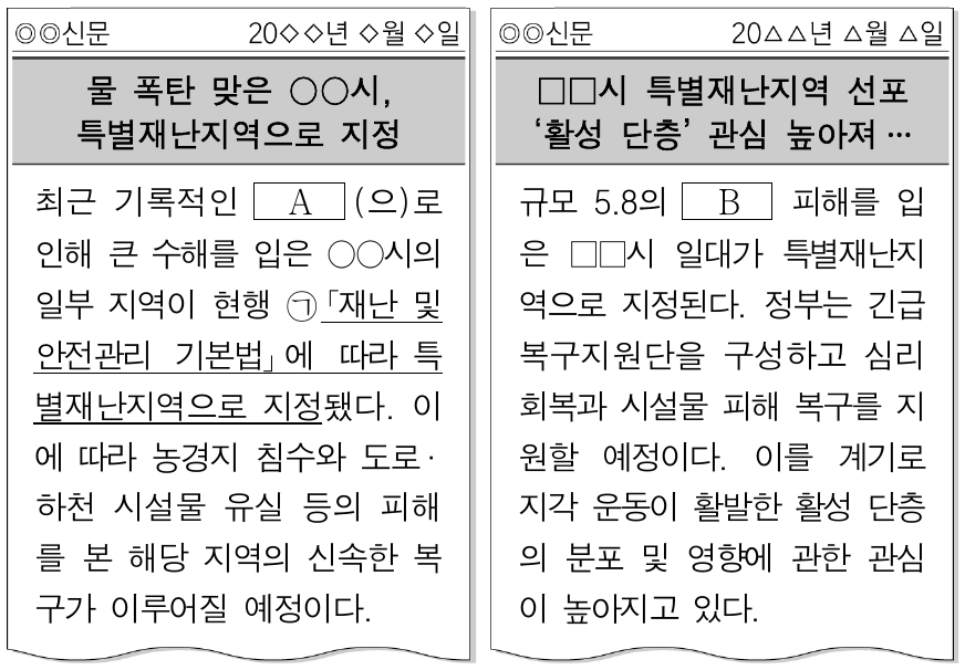 다음은 자연재해에 관한 신문 기사의 일부이다. 이에 대한 설명으로 옳은 것은? (단, A, B는 각각 지진, 호우 중 하나임.)