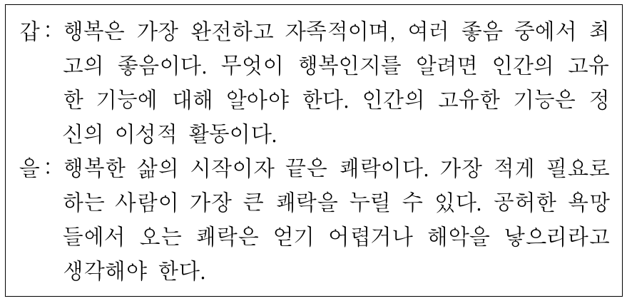 고대 서양 사상가 갑, 을의 입장으로 옳지 않은 것은?