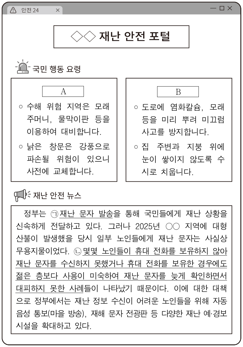 [8~9] 다음 자료는 재난 안전에 대한 정보를 제공하는 누리집 의 일부이다. 물음에 답하시오.
밑줄 친 ㉡을 통해 도출할 수 있는 정보 사회의 문제점으로 가장 적절한 것은?
