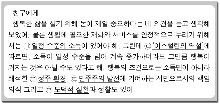 다음은 행복에 관하여 친구에게 쓴 가상 편지이다. 밑줄 친 ㉠ ～ ㉤에 대한 설명으로 가장 적절한 것은?