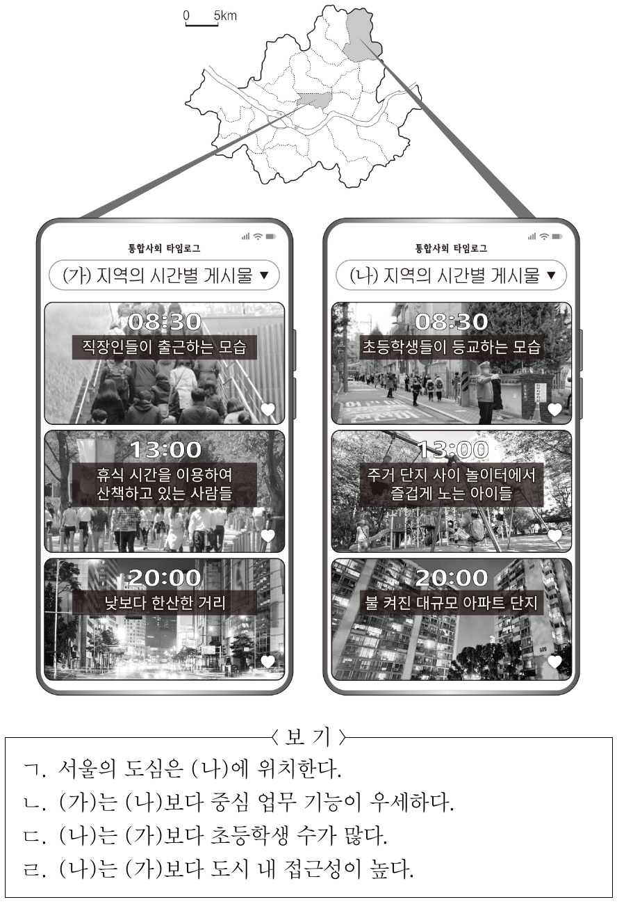 다음은 학생들이 지도에 표시된 서울의 두 구(區)를 답사하며 시간별로 관찰한 장면을 기록한 온라인 게시물이다. (가), (나) 지역에 대한 옳은 설명만을 <보기>에서 고른 것은?
