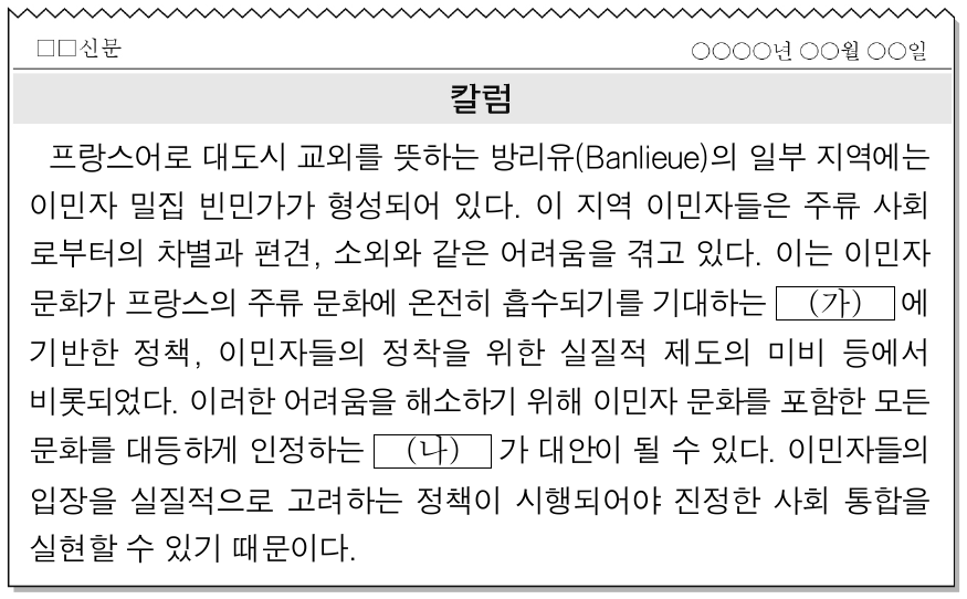 다음은 다문화 정책에 대한 칼럼이다. 이에 대한 설명으로 옳은 것은? (단, (가), (나)는 각각 동화주의, 다문화주의 중 하나임.)