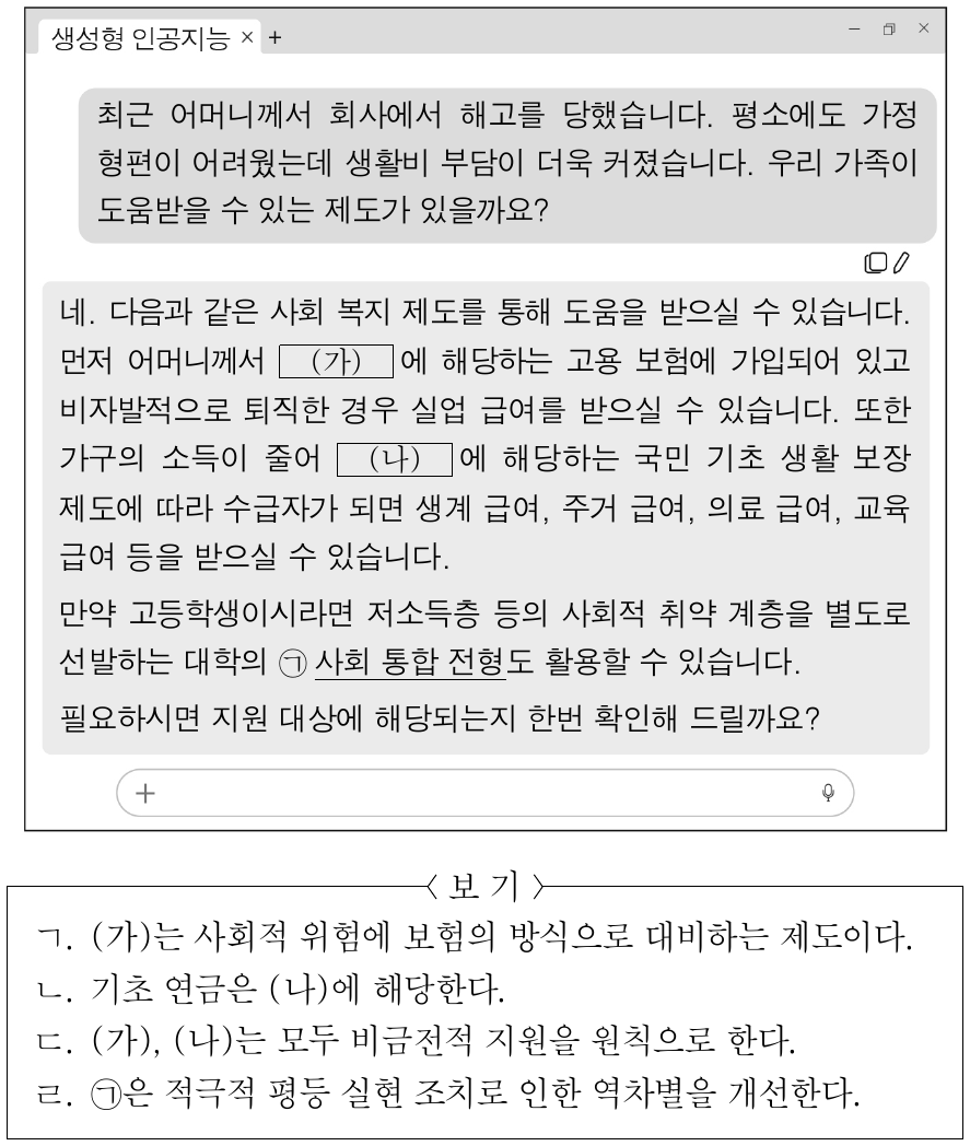 다음은 학생이 생성형 인공지능과 대화한 내용의 일부이다. 이에 대한 옳은 설명만을 <보기>에서 고른 것은? (단, (가), (나)는 각각 사회 보험, 공공 부조 중 하나임.)