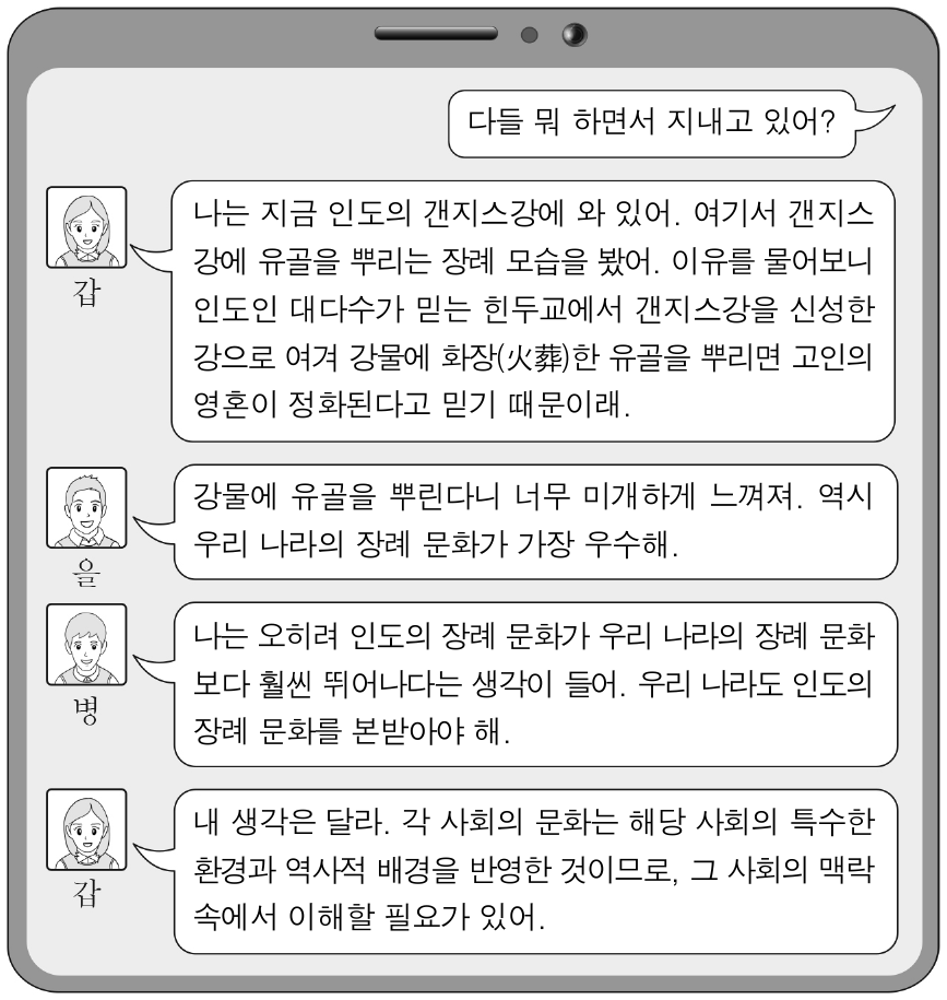 다음은 온라인 대화 장면이다. 갑 ～ 병의 문화 이해 태도에 대한 설명으로 옳은 것은? (단, 갑 ～ 병의 태도는 각각 자문화 중심주의, 문화 사대주의, 문화 상대주의 중 하나임.)