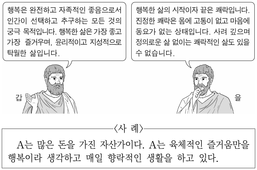 다음은 고대 서양 사상가 갑, 을의 가상 대화이다. 갑, 을의 관점에서 <사례> 속 A에게 제시할 조언으로 가장 적절한 것은?
