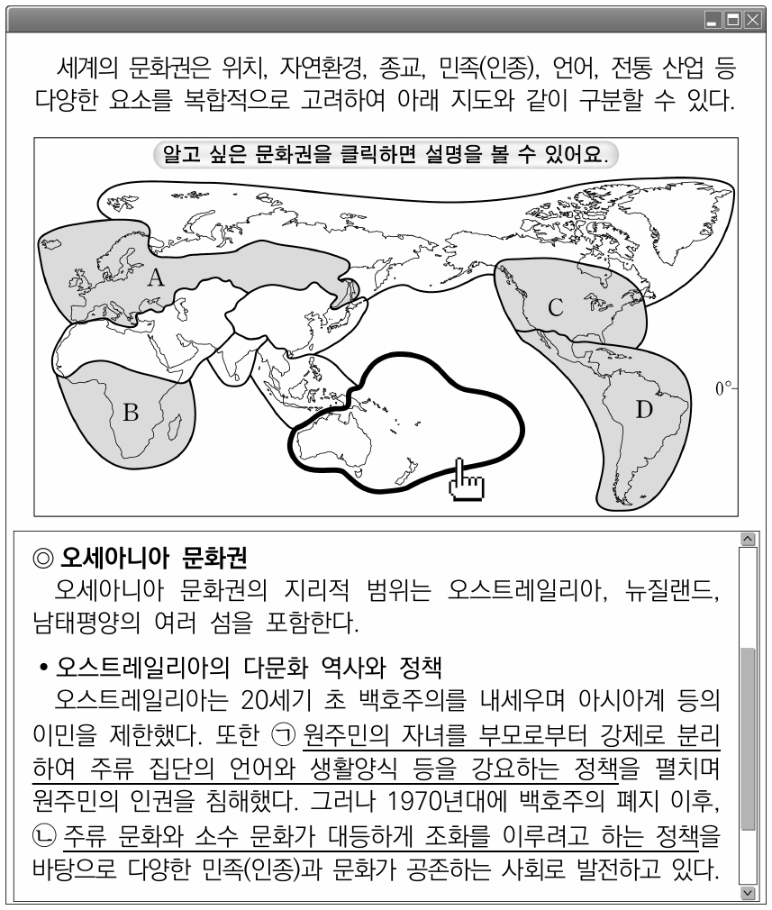 다음은 세계의 문화권에 대한 온라인 수업 자료의 일부이다. 이에 대한 설명으로 옳지 않은 것은?