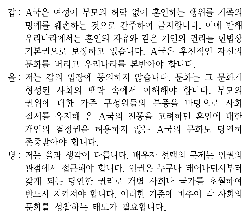 다음 대화에서 갑∼병의 입장에 대한 설명으로 옳은 것은?